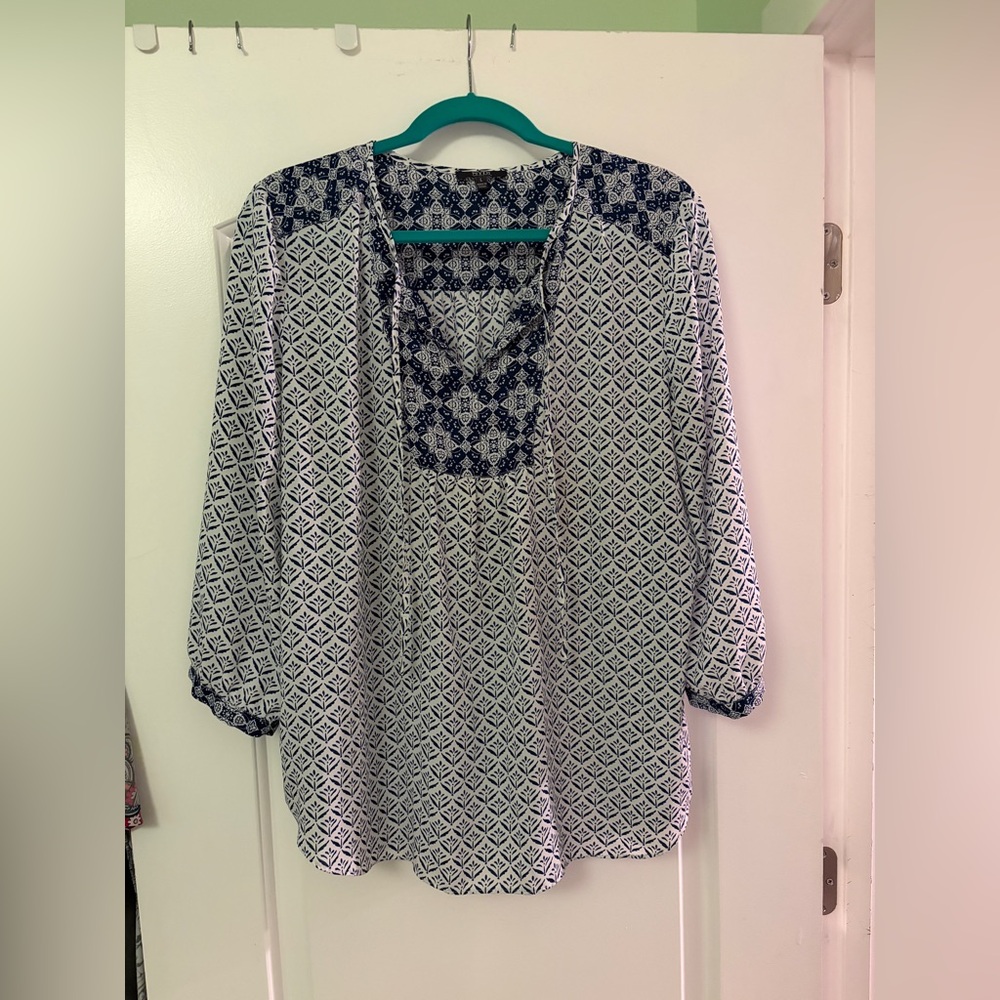 NYDJ Boho Printed Peasant Blouse - Navy and White L